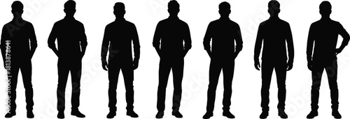 Silhouette set of seven anonymous men standing in a row, black male figures isolated on white background for business, teamwork, leadership, and friendship concepts.