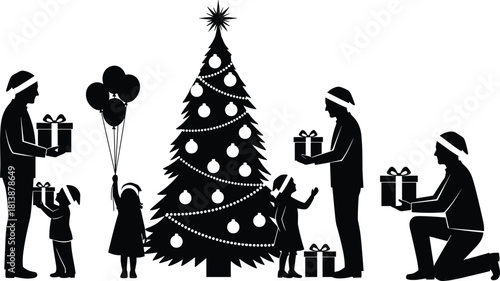 Festive family Christmas scene with children and parents exchanging gifts around decorated holiday tree, celebrating seasonal joy and winter holiday traditions.