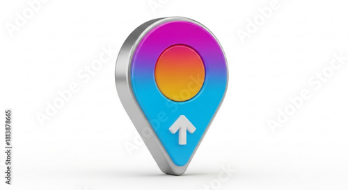 3d rendering of a metallic location pin icon with a vibrant pink, orange, and blue gradient and an upward arrow symbol, isolated on