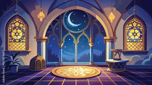 Cozy room interior with patterned arched window vector illustration ai generated art