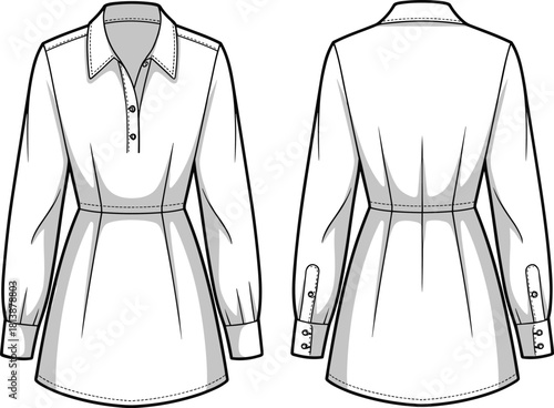 Long-sleeve women’s tunic top technical flat illustration featuring button placket, collar details, fitted waist, cuffed sleeves, and stylish tailored design.