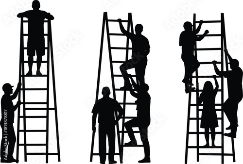 Silhouette vector illustration of people climbing ladders for teamwork concept, business growth, career success, construction work, home renovation, and reaching new heights together safely.