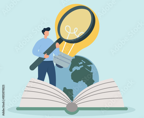 Flat Vector of Person Magnifying Lightbulb Idea on Open Book with Globe, Discovery, Innovation, Global Knowledge, Research Exploration, Idea Generation