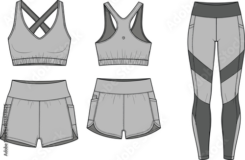 Modern women’s activewear illustration featuring sports bras, running shorts, and athletic leggings with technical stitching details for fitness fashion design projects.