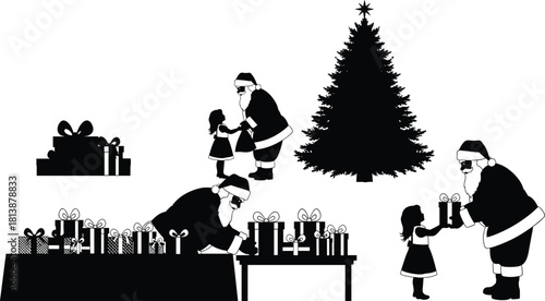 Santa Claus giving Christmas gifts to children with decorated tree, festive presents, holiday celebration silhouettes perfect for winter seasonal vector designs.