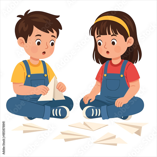 Adorable kids in overalls engrossed in the creative fun of folding paper airplanes, a classic childhood hobby