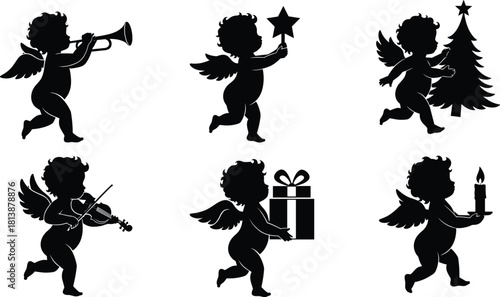 Silhouette illustration of Christmas cherub angels playing instruments, carrying gifts and festive decorations, perfect for holiday designs, greetings, and seasonal vector themes.