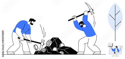 Cryptocurrency mining. Workers breaking rocks to extract digital coins, cryptocurrency mining process. Cryptocurrency tools, blockchain integration. For fintech, mining, blockchain, economy digital
