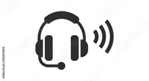 Black and white simple icon of a headset with microphone and sound wave symbol, representing communication, support, or audio output, isolated on