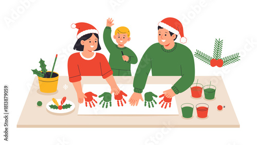 Christmas Handprint Crafts: A family engages in festive handprint painting, creating a heartwarming scene of holiday cheer. The atmosphere is filled with warmth and joyful family activity.