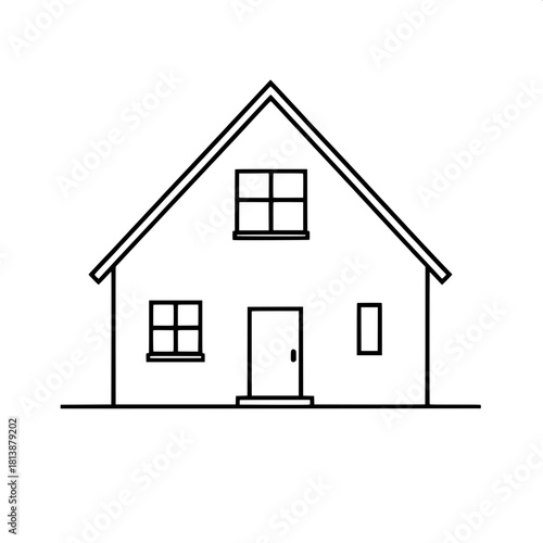 A straightforward, stylized outline of a house with a sharply peaked roof and minimal detailing, created in a bold vector-graphic format, featuring clean lines, geometric shapes, and a minimalist aest