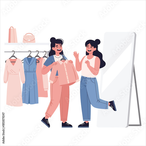 Shopping Fun Friends Choosing Outfits and Trying on Clothes in a Fashion Store