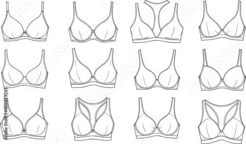 Vector lingerie bra template set featuring multiple underwire and sports bra designs with detailed stitching, fashion sketches, and garment construction elements.