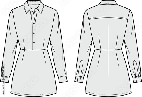Women’s long-sleeve tunic blouse technical flat illustration featuring button-front placket, fitted waist, cuff details, back yoke, and clean tailored construction.