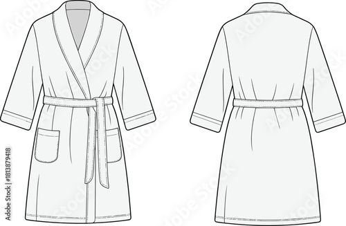 Vector technical flat sketch of a women’s bathrobe with front and back views, belt tie, pockets, and three-quarter sleeves design.