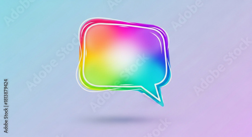Vibrant, glowing, neonoutlined speech bubble icon with a colorful rainbow gradient fill, floating against a soft pastel blue background, symbolizing communication