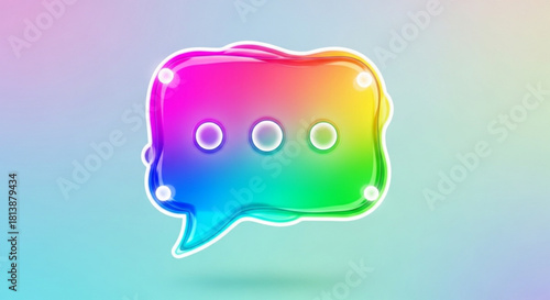 Glossy, colorful, rainbow gradient speech bubble icon with ellipsis dots, representing chat, message, or communication concept on a soft pastel background