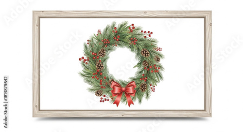 Christmas Pine Wreath with Red Bow and Berries in Wooden Frame Illustration