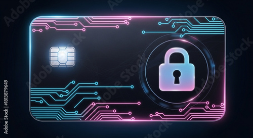 Digital credit card with integrated circuit chip and glowing padlock icon symbolizing secure online payment and financial technology concept