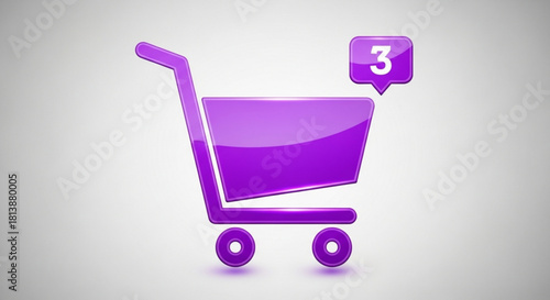 Shiny purple shopping cart icon with a notification bubble showing the number three, symbolizing ecommerce activity or items added to cart