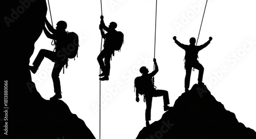 Mountain Climber Silhouette Vector Showing Sequential Poses — Reaching, Hanging, Pulling, Summit Stance

