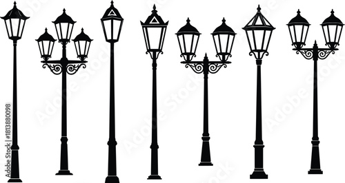 Vector set of black vintage street lamp silhouettes, retro lantern collection, classic urban light post design elements, antique garden architecture isolated on white background.