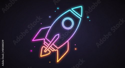 Neon glowing rocket ship taking off with stars and sparkles in a dark background, symbolizing startup launch or fast progress