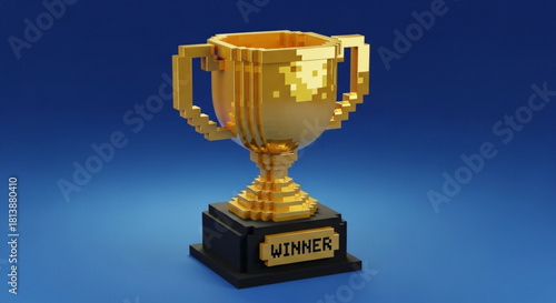 Golden voxel trophy with winner plaque resting on a dark base against a deep blue gradient background, representing achievement and victory in digital gaming