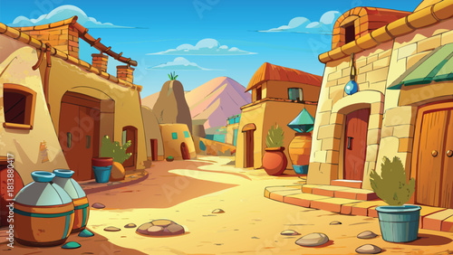 Clay huts and narrow sandy street in desert town art vector illustration ai generated art
