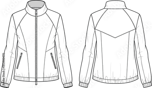 Vector technical flat sketch of sportswear jacket featuring raglan sleeves, zipper closure, front and back views, fashion illustration for apparel design templates and mockups.