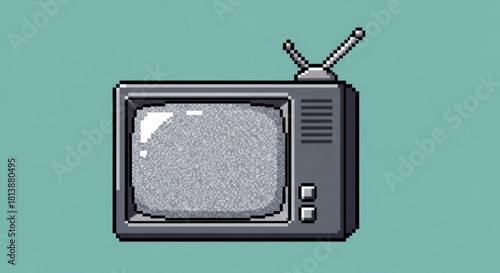 Pixel art illustration of an old television set displaying static noise, featuring rabbit ear antenna, against a solid muted teal background
