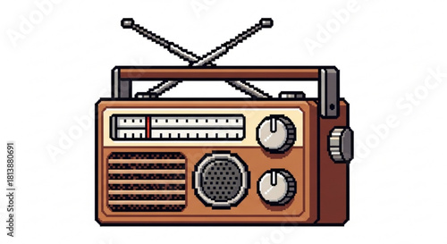 Pixel art illustration of a vintage portable radio with two antennas, isolated on
