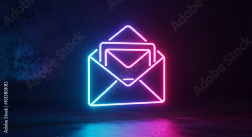 Neon glowing email icon symbol in an open envelope with multiple messages, futuristic digital communication concept on dark background