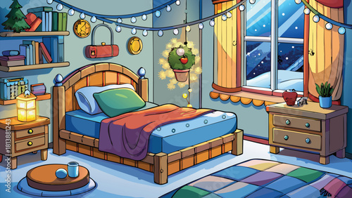Cute cartoon room with a soft bed placed next to a wide winter window vector illustration ai generated art