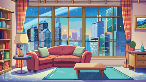 Friendly cartoon room featuring a soft sofa by a wide window with winter outside vector illustration ai generated art