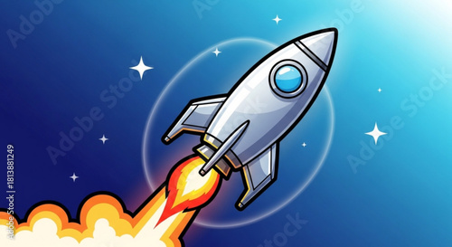 Cartoon illustration of a silver rocket ship blasting off into deep blue space with stars and a bright exhaust flame