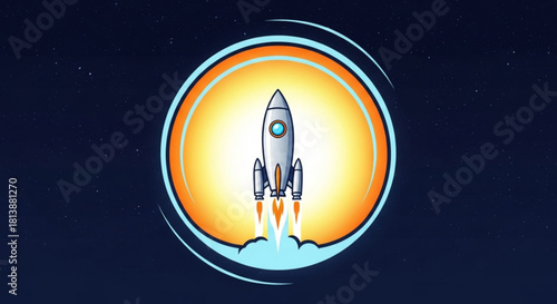 Cartoon illustration of a stylized rocket launching upwards against a glowing orange circle and dark starry space background, symbolizing startup growth and success