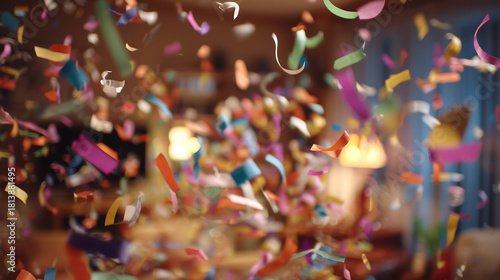 Confetti and streamers falling during New Year’s Eve party, Concept of holiday celebration
