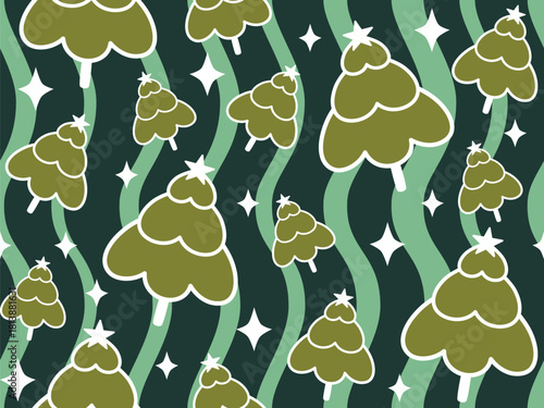 Stylized olive green Christmas trees and white stars on wavy green background