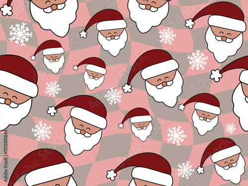 Smiling Santa Claus heads and white snowflakes on a checkered background