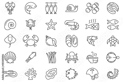 Seafood icon vector set. Fresh Seafood for mussel, fish steak, sardine, shrimp, crab, octopus, fish starfish, shankar fish, and more. Vector illustration.