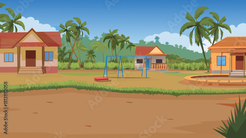 Vibrant warm sunset illuminating a deep Asian forest-edge village, huge tree glowing with backlight vector illustration ai generated art