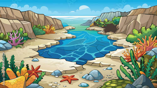 Cartoon view of tide pools between rocks vector illustration ai generated art
