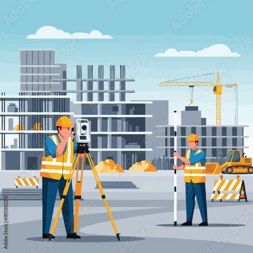 Professional surveyors precisely operate a total station and leveling rod on an active urban construction site, ensuring accurate measurements for modern construction.