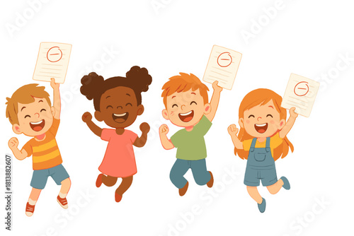 Happy diverse school children jumping and celebrating success with perfect test scores