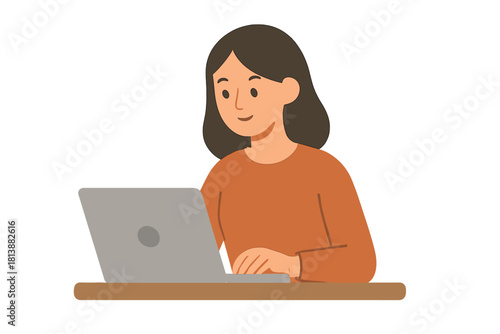 Young woman working remotely on a laptop computer at a desk isolated on white background