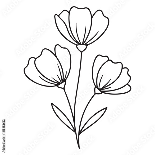 Minimalist line art illustration of three simple flowers on stems