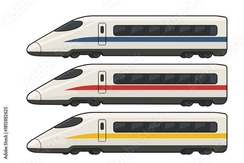 Set of three modern high-speed passenger trains featuring blue, red, and yellow stripes