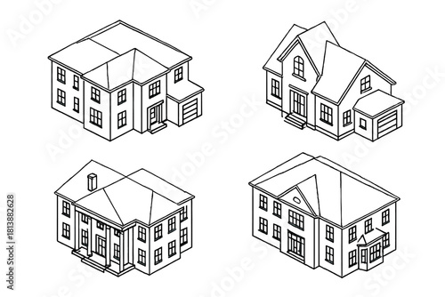 Architectural drawings of various detached family homes in isometric view