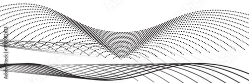 Dotted wave line pattern. Black halftone undulate net background. Abstract stipple particle flow wallpaper. Curved dashed gradient element for poser, banner, presentation, booklet, flyer. Vector
